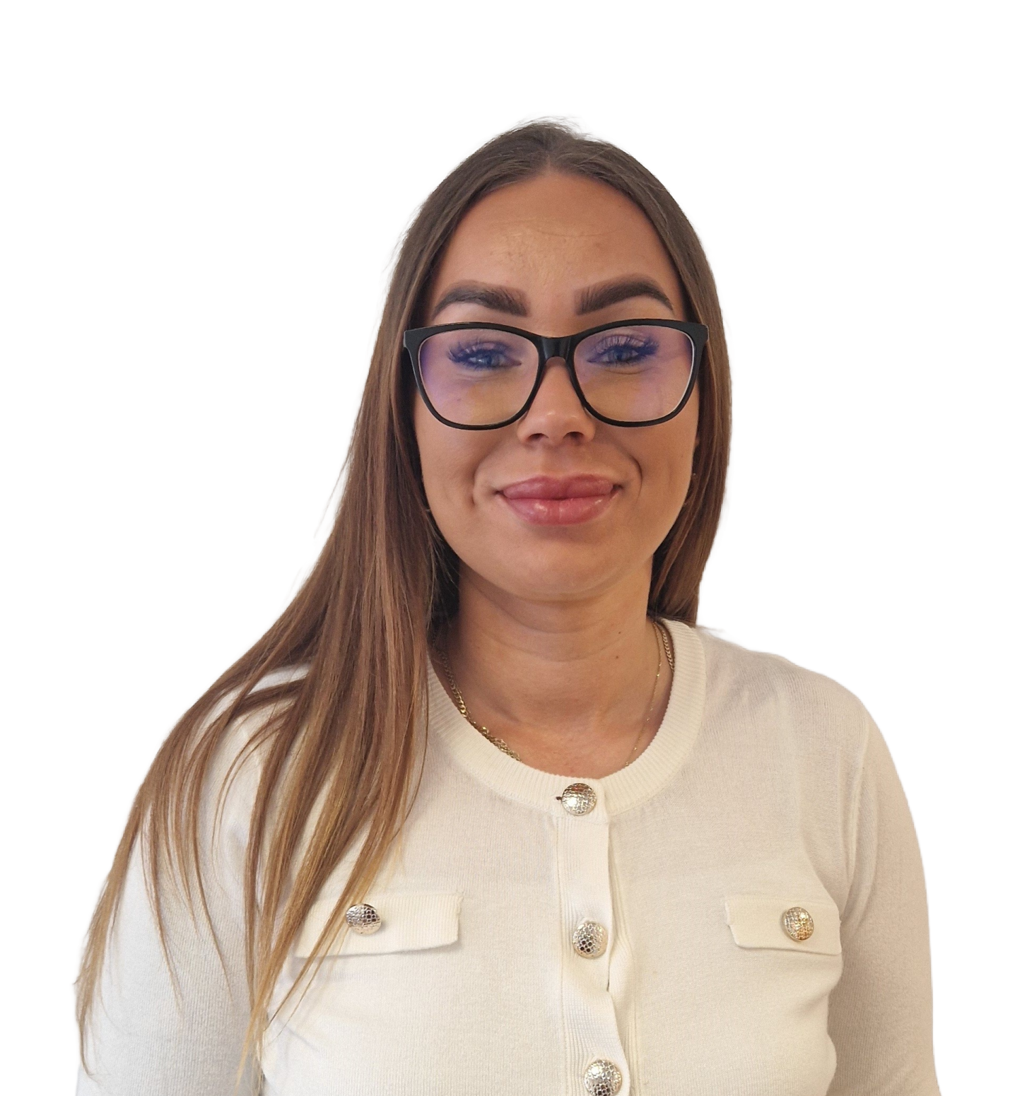 Woman in glasses and beige cardigan smiling against a white background