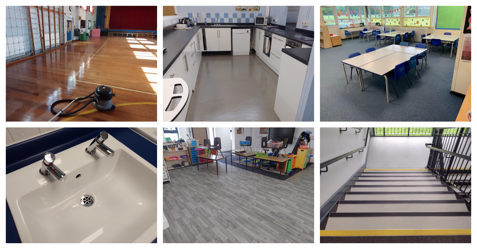 A collage of pictures of a bathroom , kitchen , classroom , and stairs.
