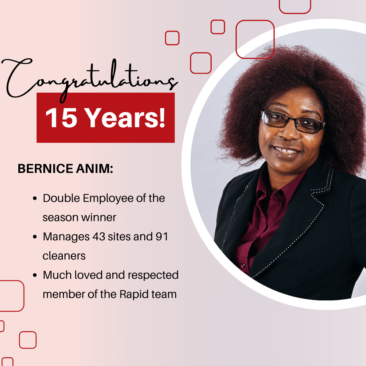 A woman in a suit and glasses is congratulated for 15 years
