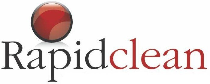 Rapidclean logo with a red and gray circular icon and black-and-red text