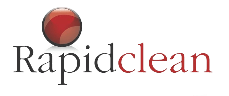 Rapidclean logo with black and red text and a red circular emblem above the name
