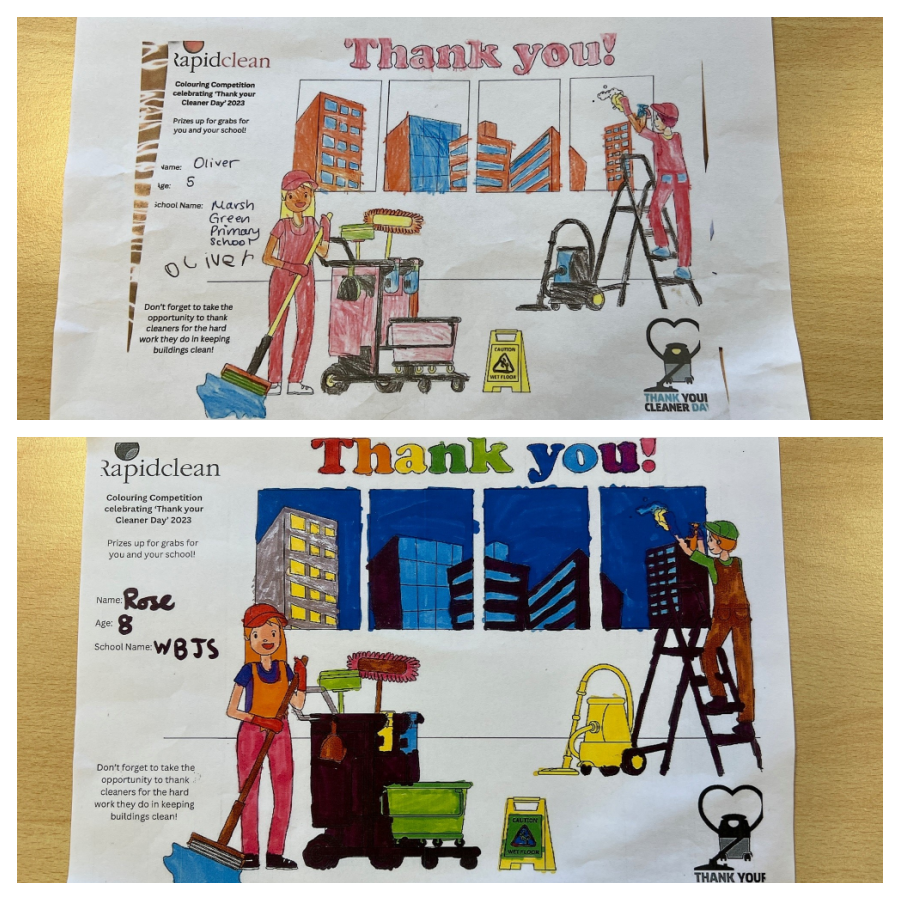 A drawing of a cleaner and a thank you card