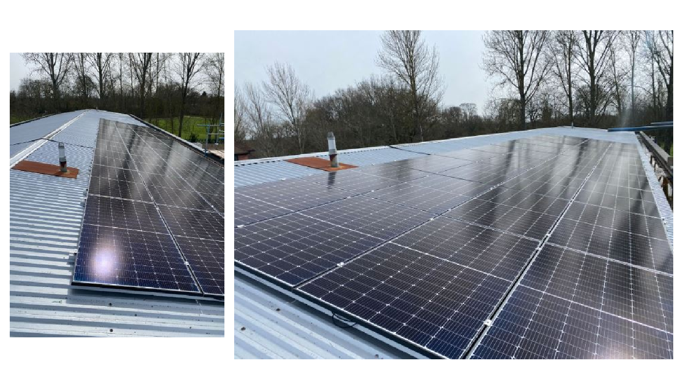 Two pictures of solar panels on a roof with trees in the background