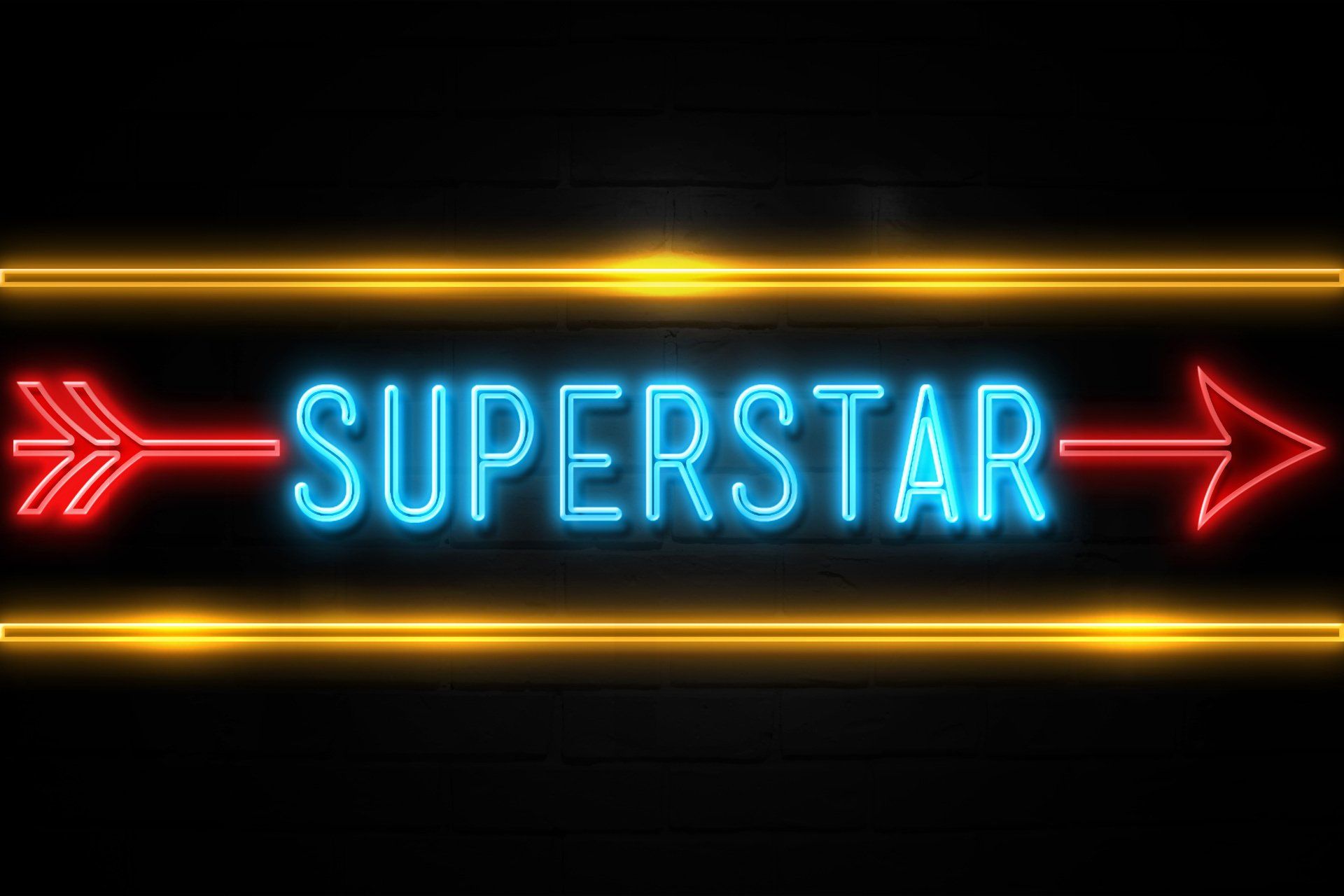 A neon sign that says superstar with an arrow pointing to the right.