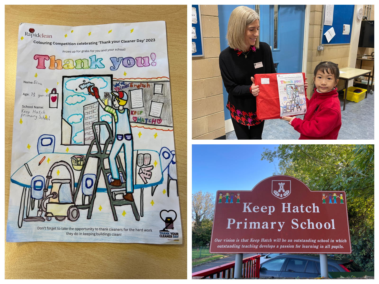 A collage of photos shows a thank you card from keep hatch primary school