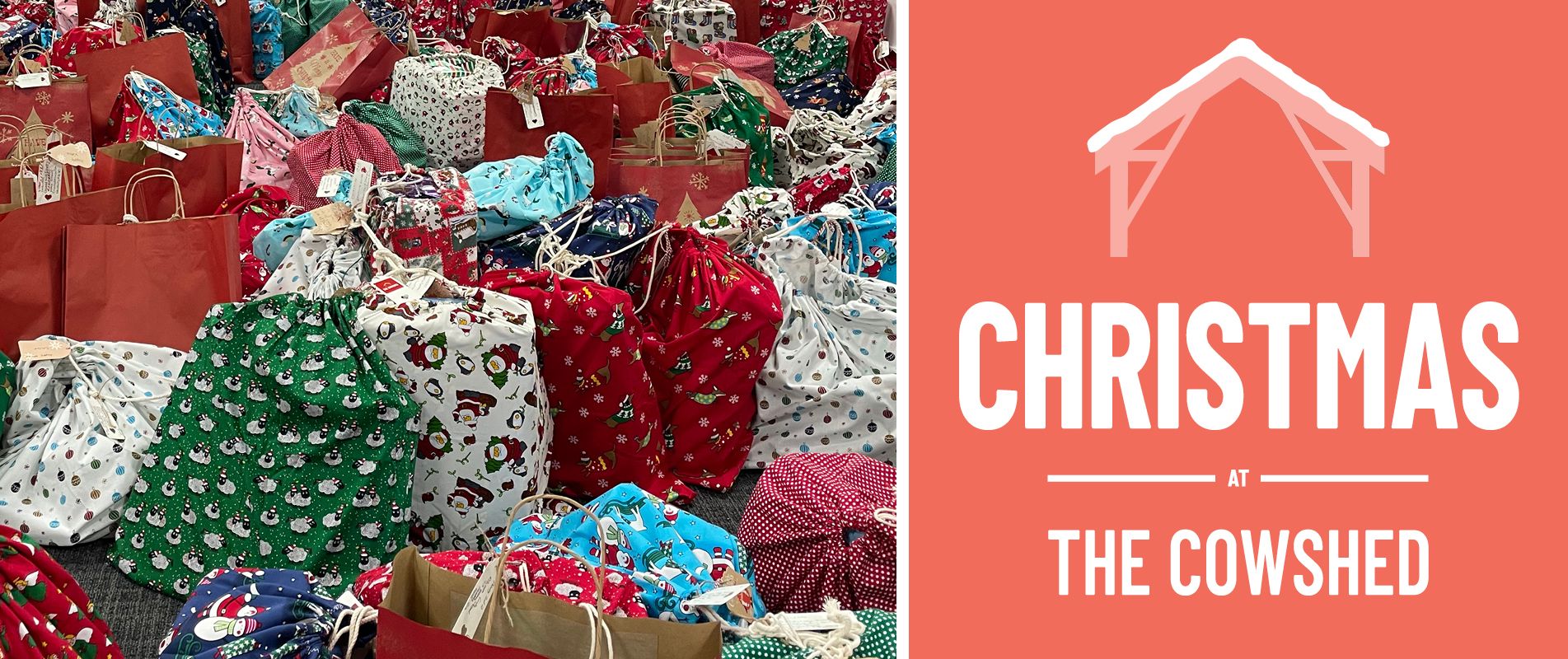 A pile of christmas presents next to a sign that says christmas the cowshed.