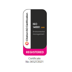 The logo for qms iso 14001 2015 registered