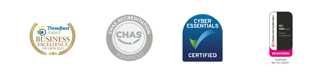 Four certification badges on a white background, including a blue checkmark label.