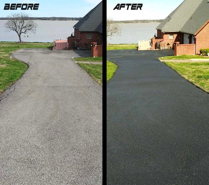 Before-and-after view of a driveway resurfaced from light gray gravel to dark black asphalt.