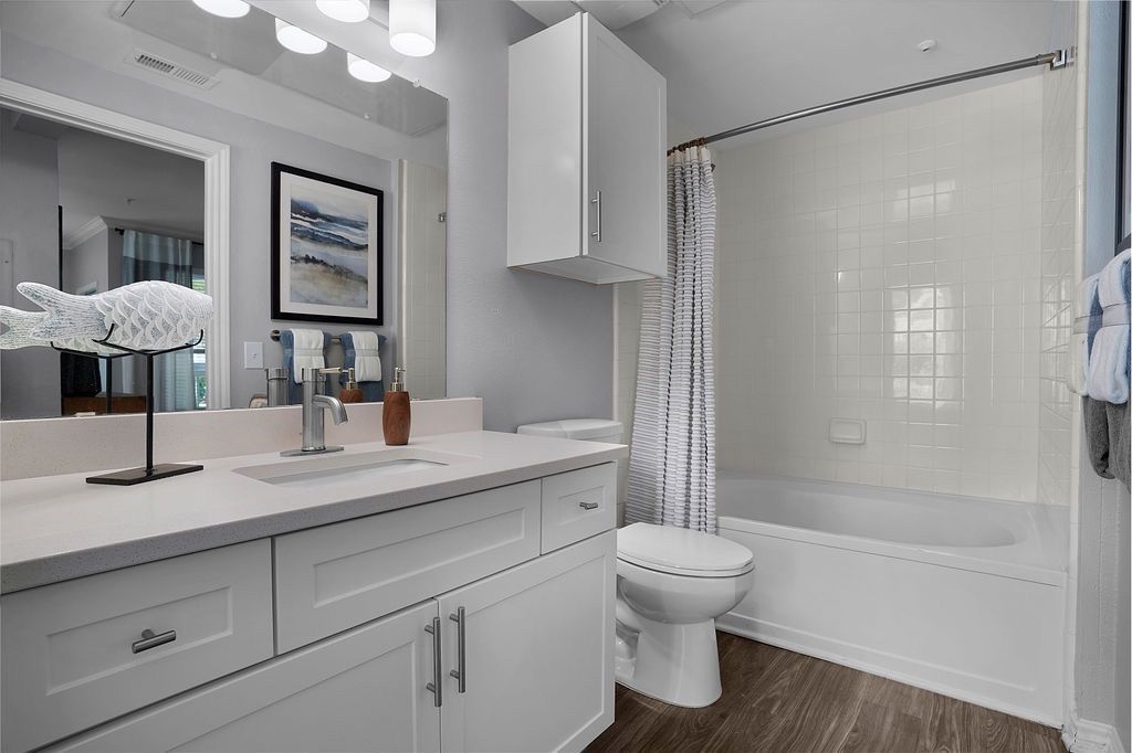 White bathroom with vanity, mirror, toilet, and bathtub/shower at The Piedmont.