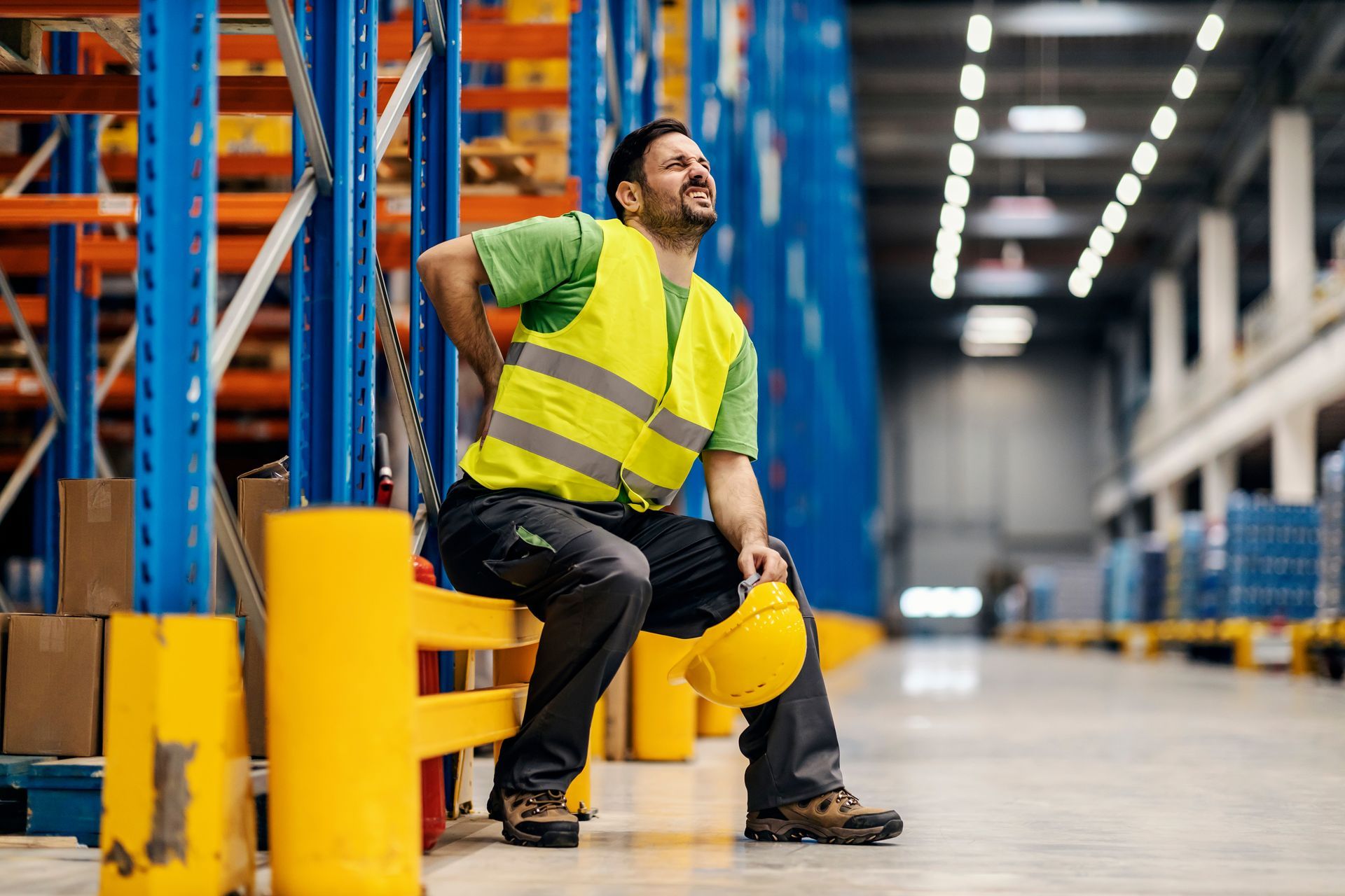 A warehouse worker in a high-visibility vest sits on a yellow safety barrier, holding a hard hat and clutching their back.