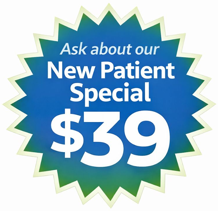 A blue starburst graphic advertising a New Patient Special for $39.