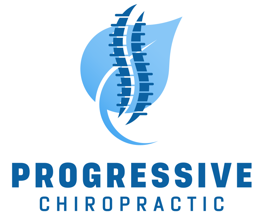 Logo for Progressive Chiropractic featuring a blue spine icon overlaid on a leaf silhouette, with text below.