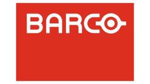 Barco logo in white on a red rectangular background