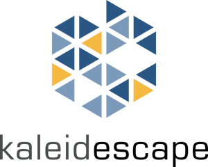 Kaleidescape logo with blue, gray, and yellow triangular mosaic above the word “kaleidescape”