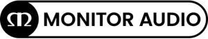 Monitor Audio logo in black and white with a stylized omega symbol on the left
