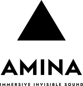 AMINA logo with a black triangle above bold text and the tagline “IMMERSIVE INVISIBLE SOUND”