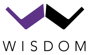 Purple and black checkmark-style logo above the word “WISDOM”