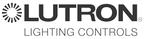Lutron Lighting Controls logo with black text and a circular sunburst icon on a white background