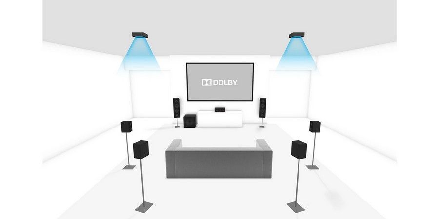 Minimal white concert stage with central DJ booth, speakers, spotlights, and seating area