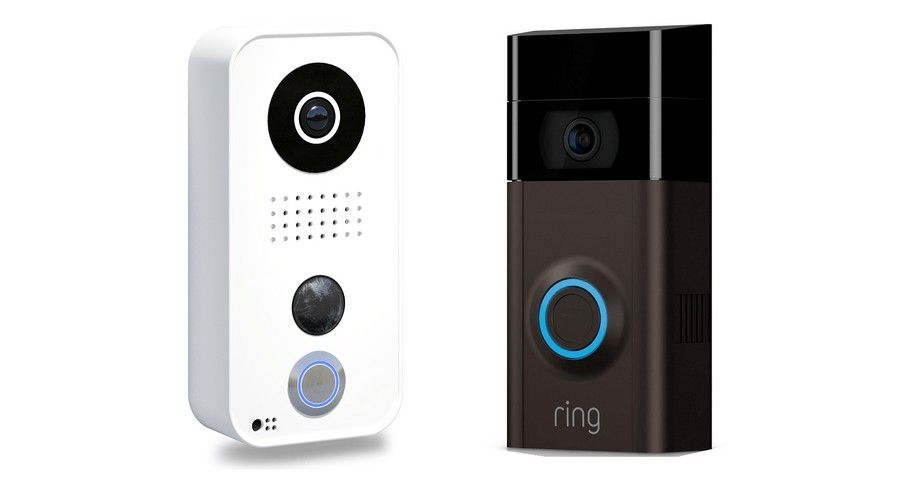 Two Ring video doorbells side by side: white and black models with cameras and circular buttons.