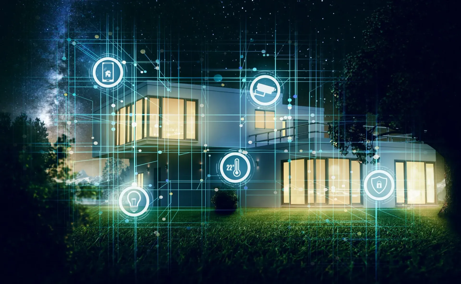 Modern house at night with glowing digital interface icons overlaid around it