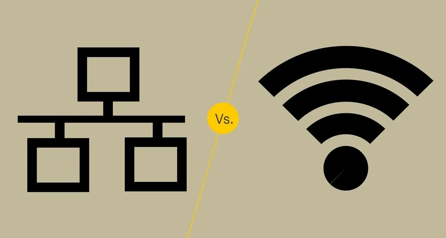 Left: network diagram icon; right: Wi‑Fi icon, separated by “vs.” on a beige background.