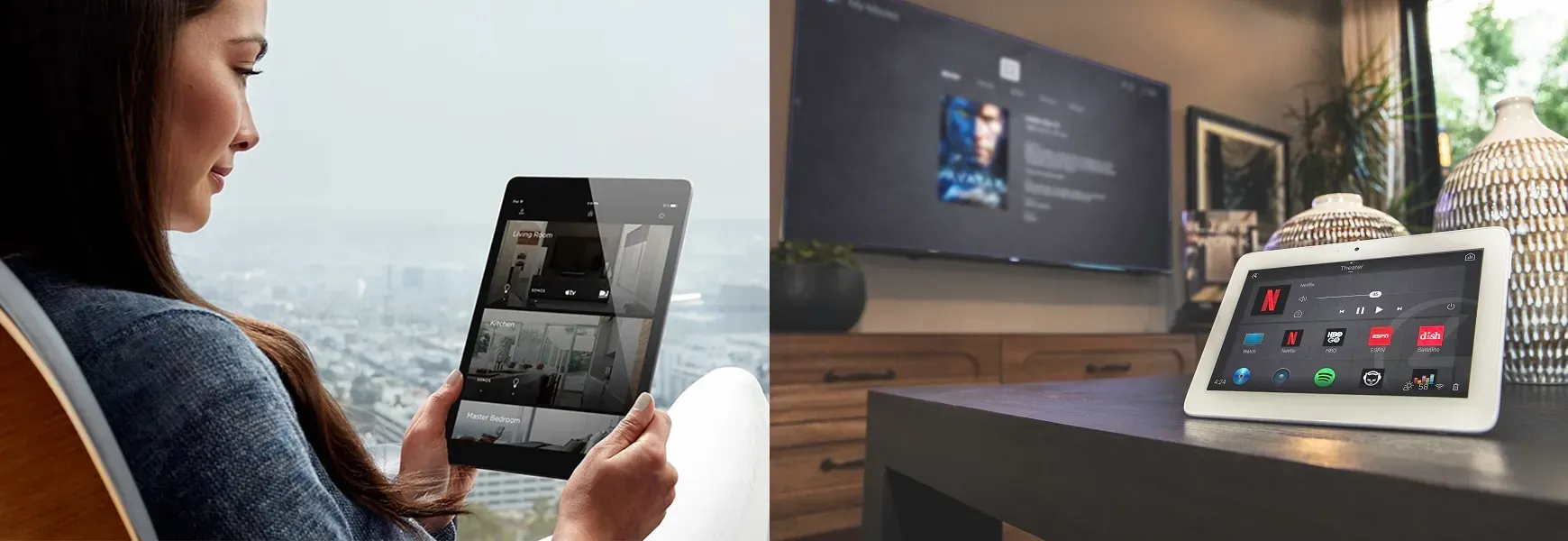 Woman using a tablet with a streaming video at home, beside a TV and another tablet on a desk