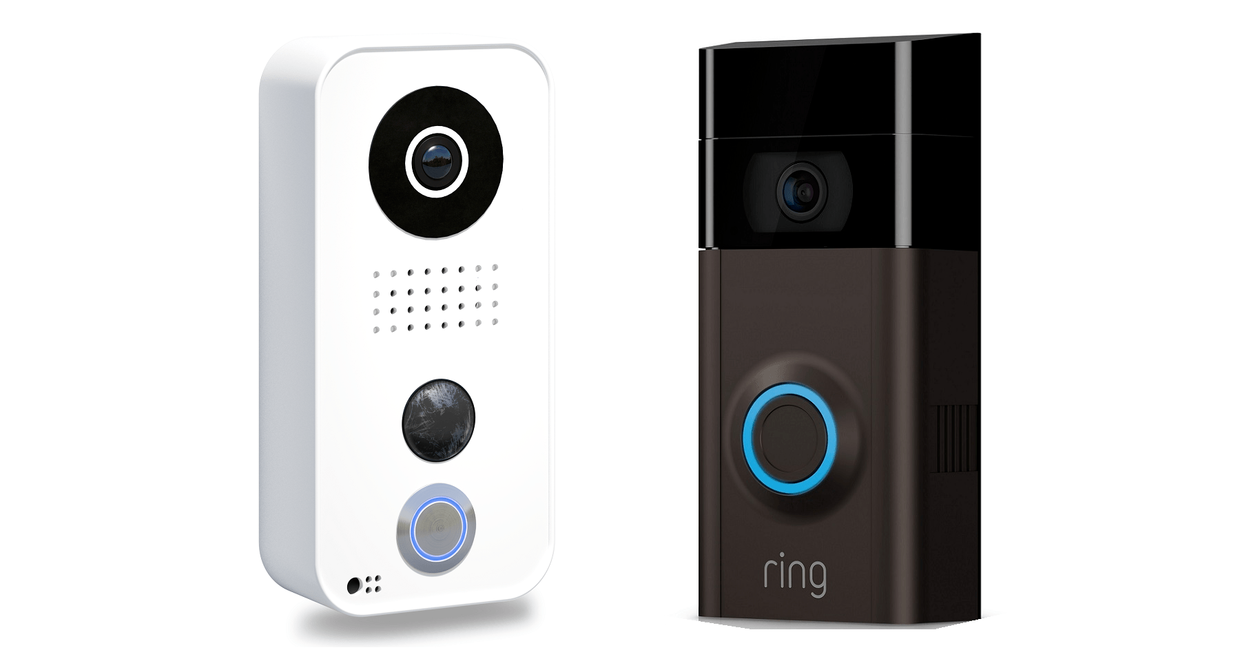 Two Ring video doorbells, one white and one black, shown side by side.