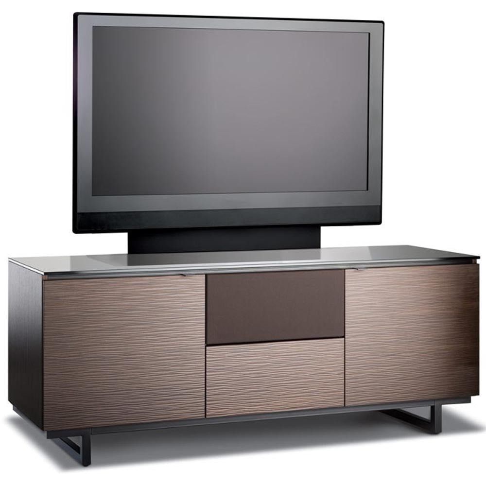 Flat-screen TV on a modern wooden media console with dark metal legs