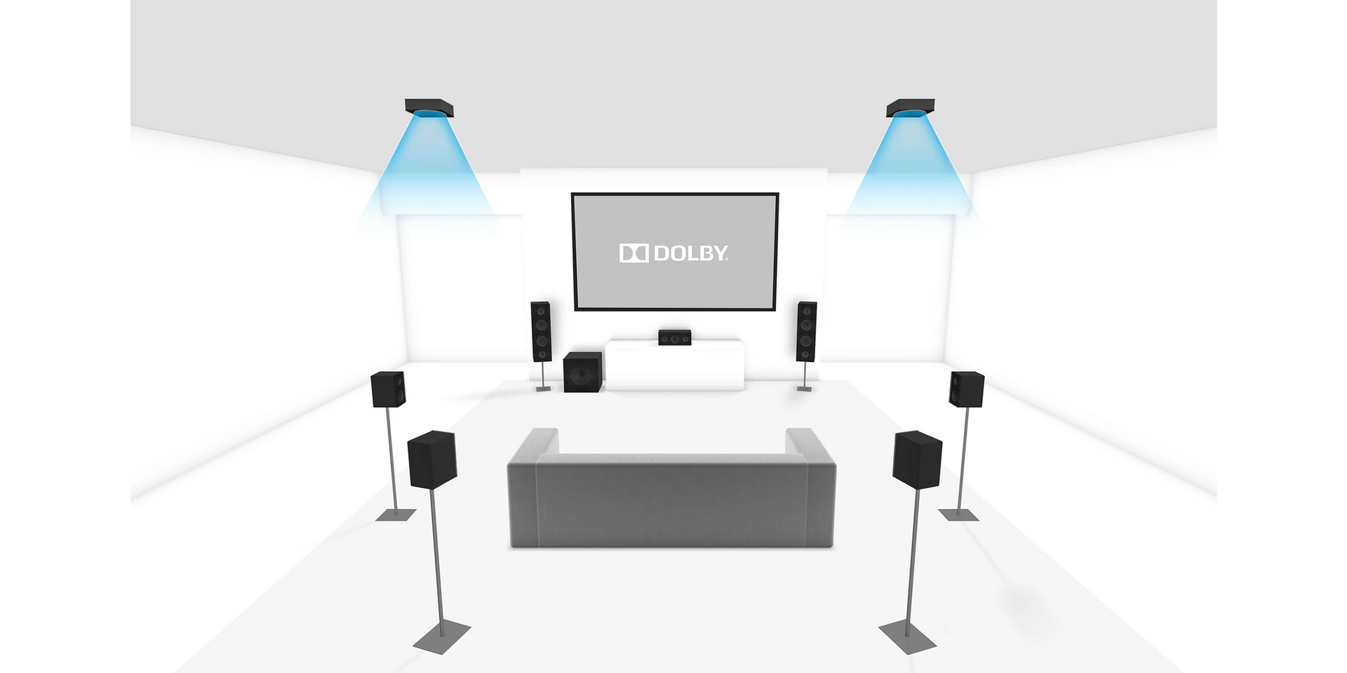 Minimal white concert stage with central DJ booth, speakers, spotlights, and seating area