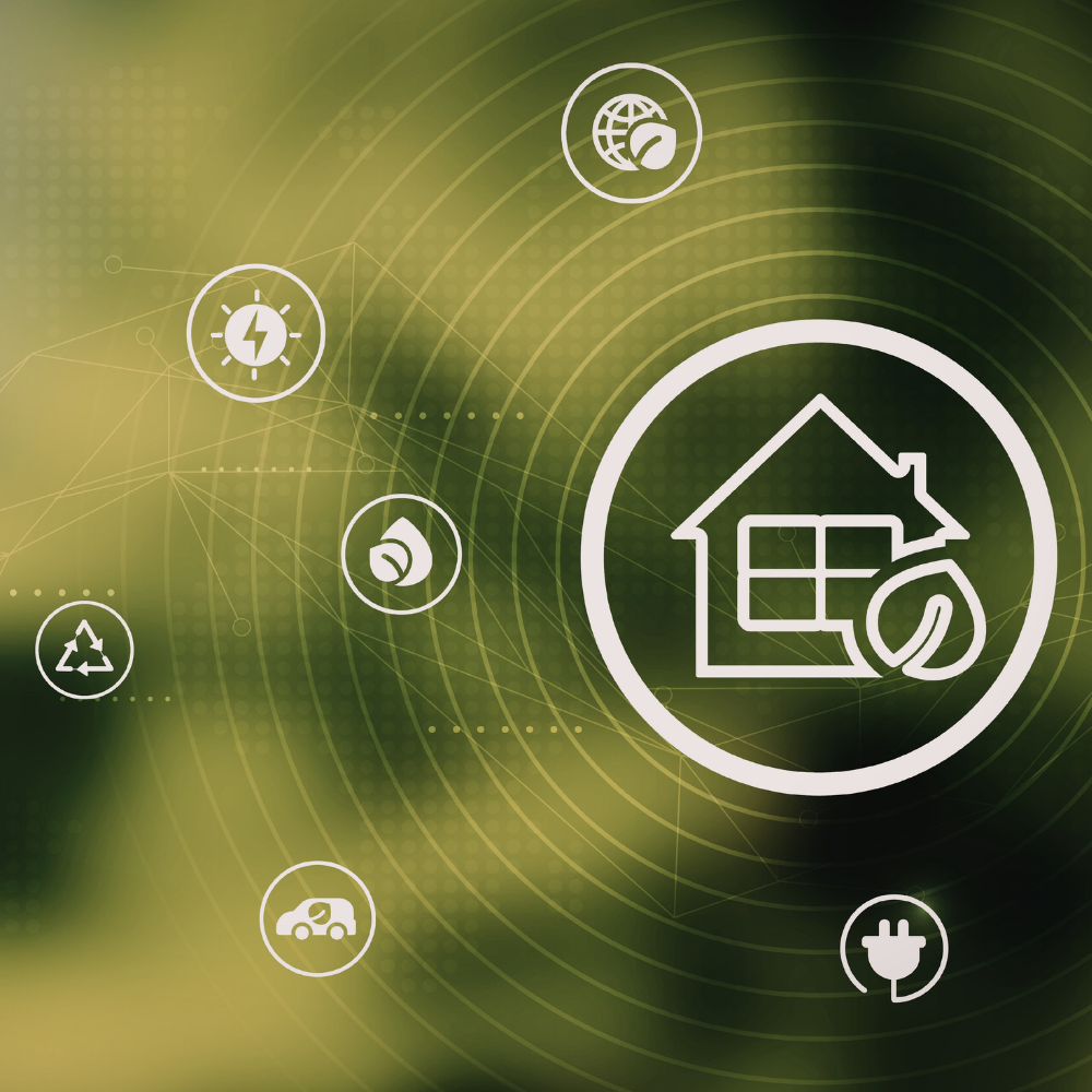 Green eco-energy graphic with house, leaf, and power icons on a radial background
