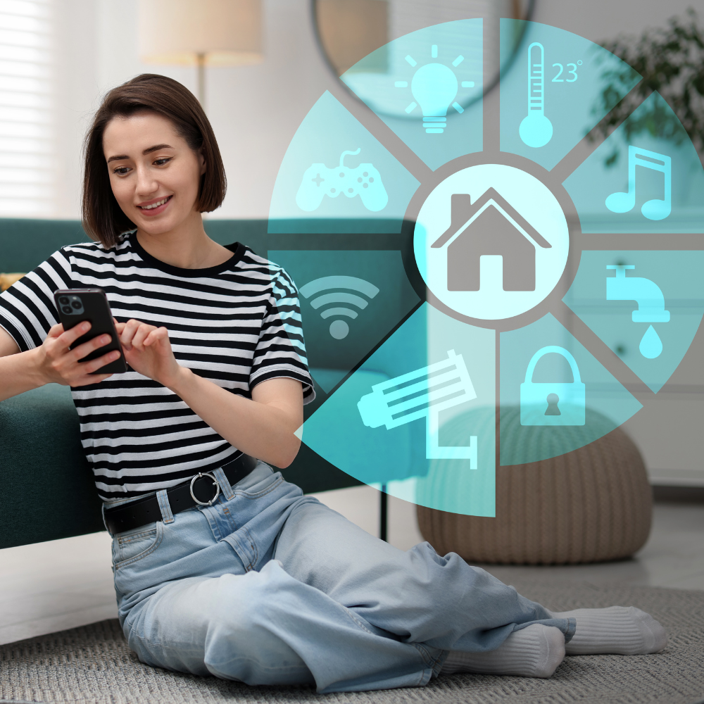Person sitting on a sofa using a smartphone, with a smart home control interface overlay.