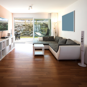 Modern living room with gray sectional sofa, wood floors, large sliding glass door, and TV console