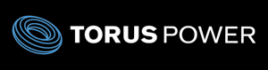 Torus Power logo with blue spiral icon and white text on a black background