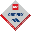 A diamond-shaped logo for a GAF Certified Residential Roofing Contractor, featuring the GAF logo and a blue roof icon.