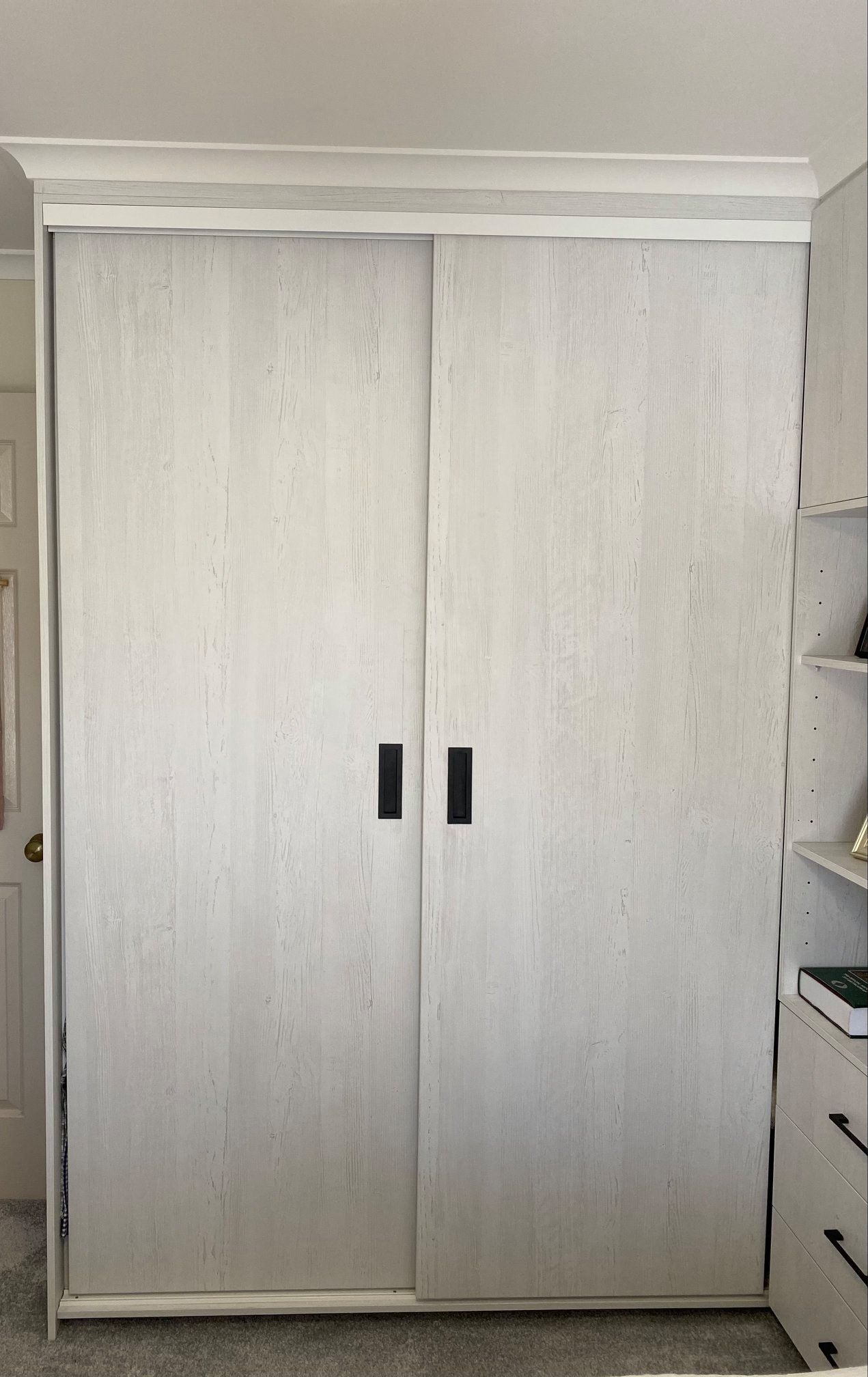 Tall, Off-white Wood-grain Wardrobe With Two Sliding Doors — Trim Joinery In Singleton, NSW
