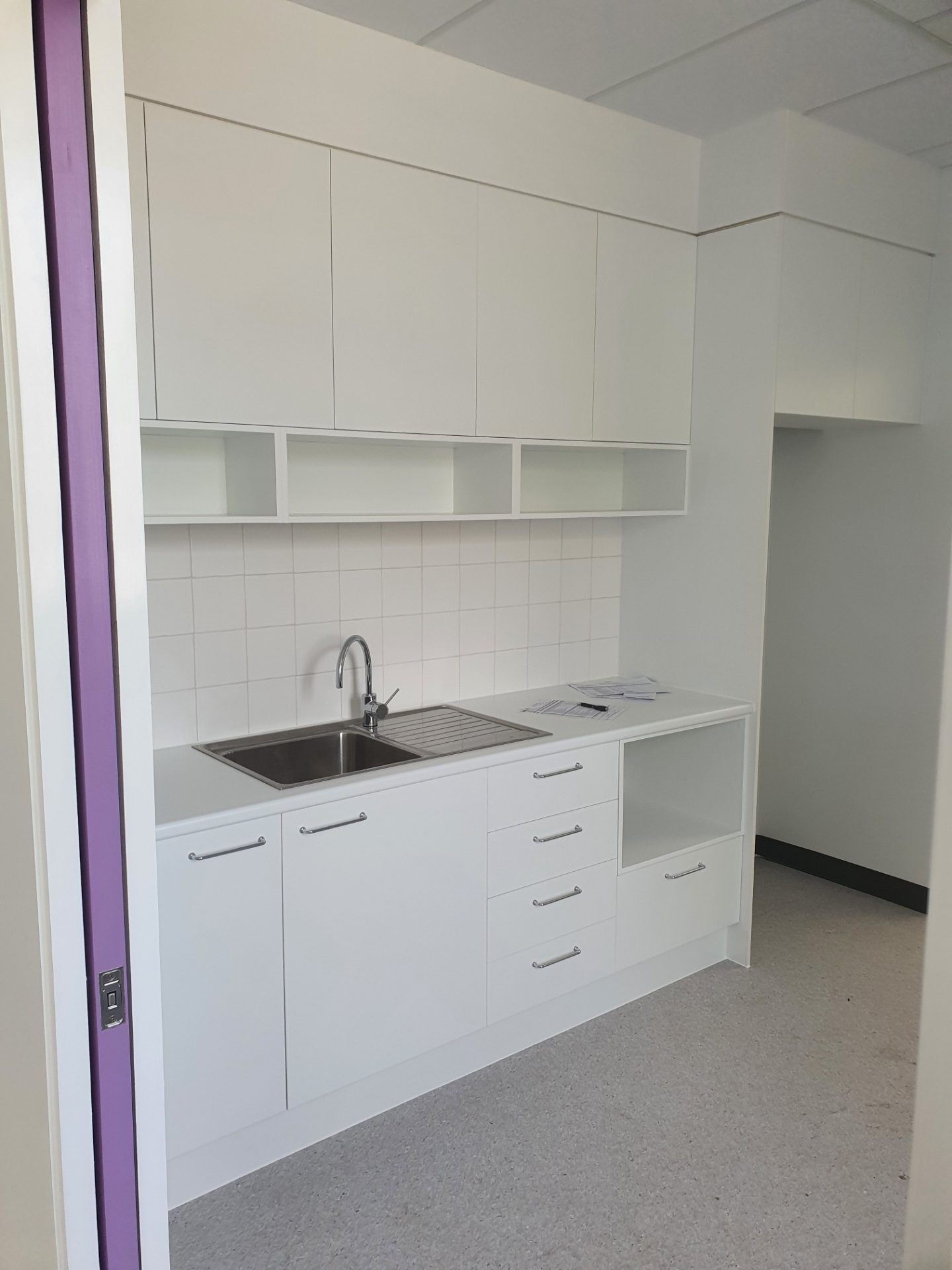 White Kitchenette With Cabinets, Sink, and Open Shelving — Trim Joinery In Hunter Valley, NSW