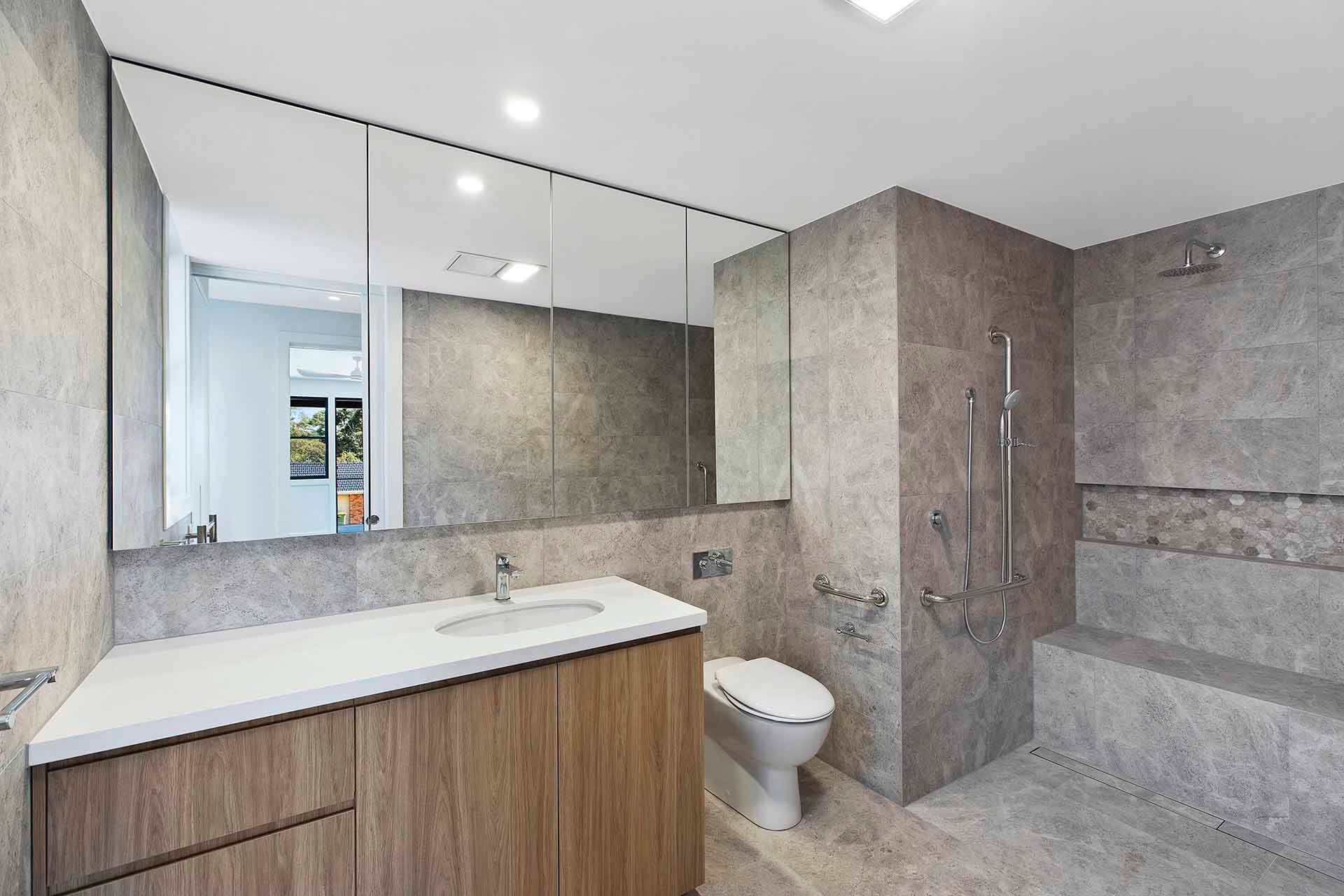 Modern Bathroom With Grey Tile — Trim Joinery In Fountaindale, NSW