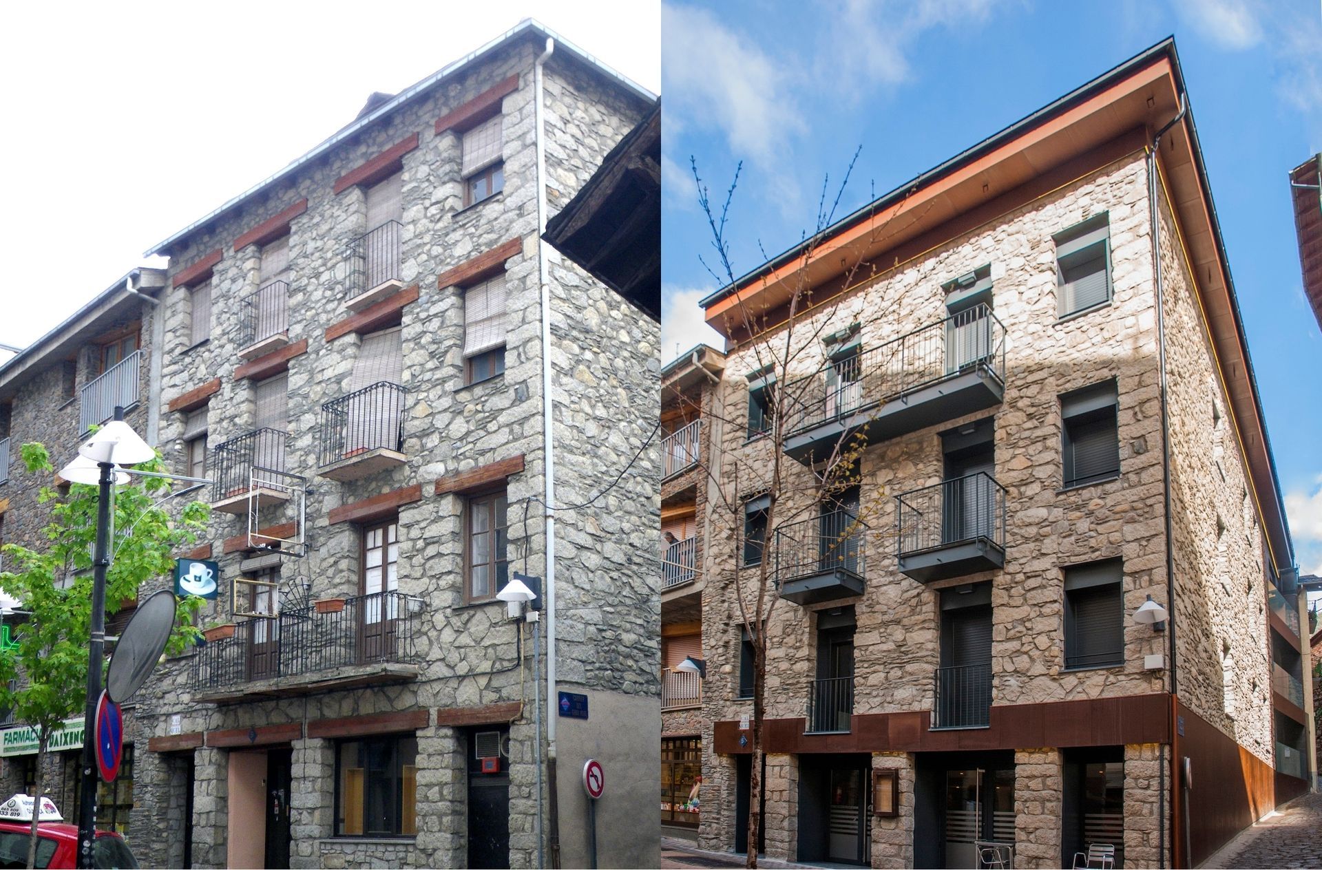 Dos edificis d'apartaments de pedra en un carrer estret, un gris i l'altre marró clar, amb balcons i tendals vermells.