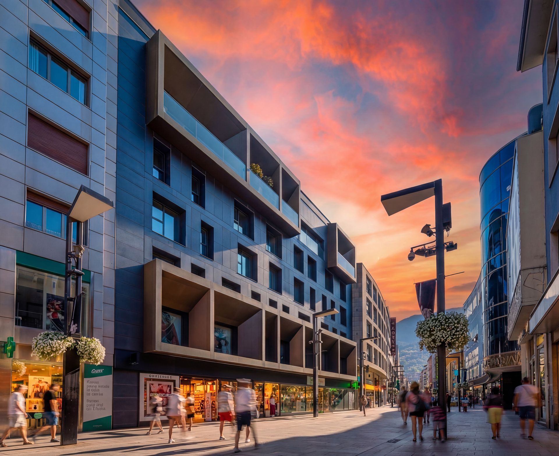 Carrer modern de la ciutat al capvespre amb vianants, aparadors i un edifici d'apartaments blau grisenc sota un cel rosa-taronja