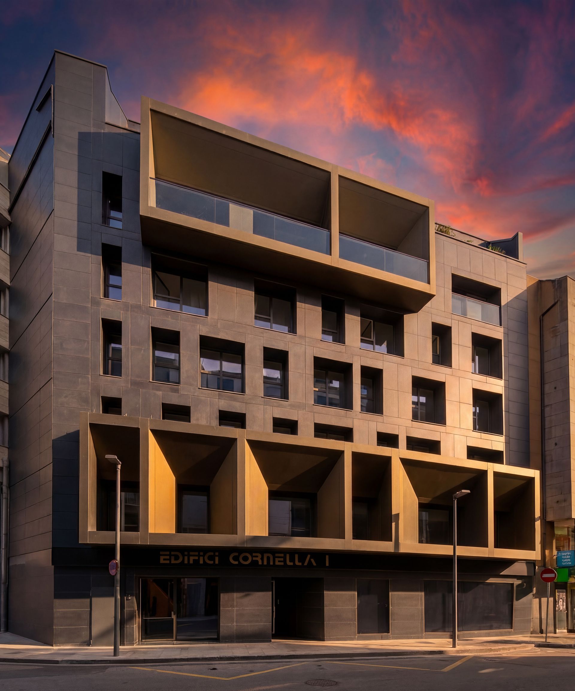 Edifici modern de diversos pisos amb balcons geomètrics a la posta de sol sota un cel rosa-taronja