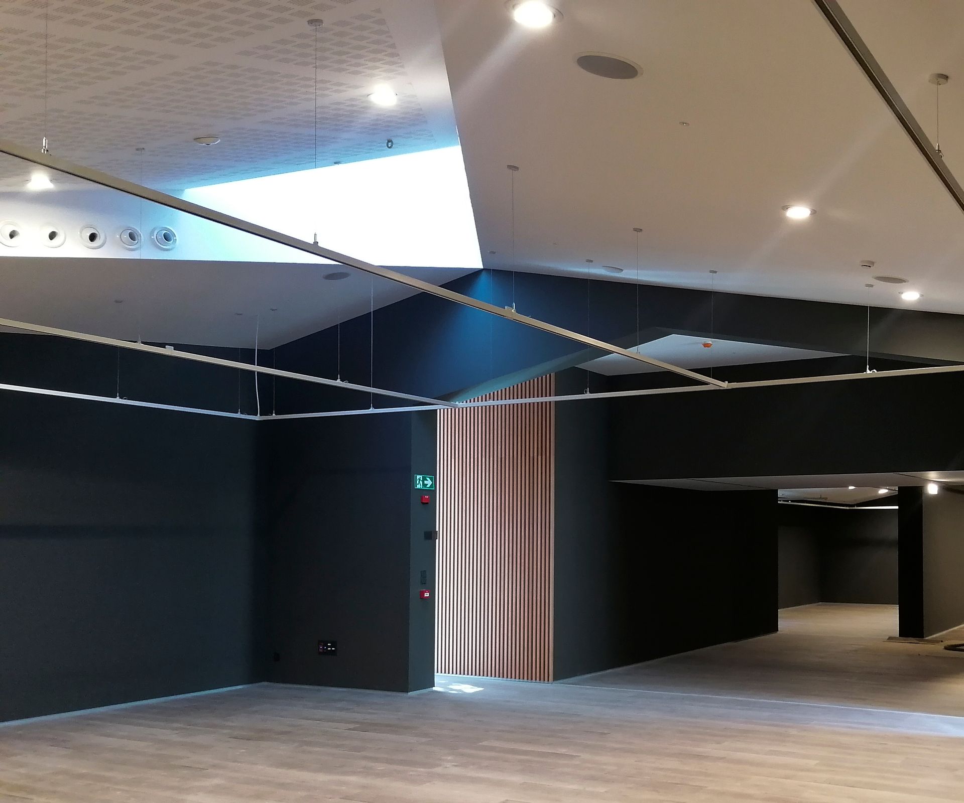 Interior modern i buit amb parets negres, terra de fusta i cables penjats sota un sostre blanc
