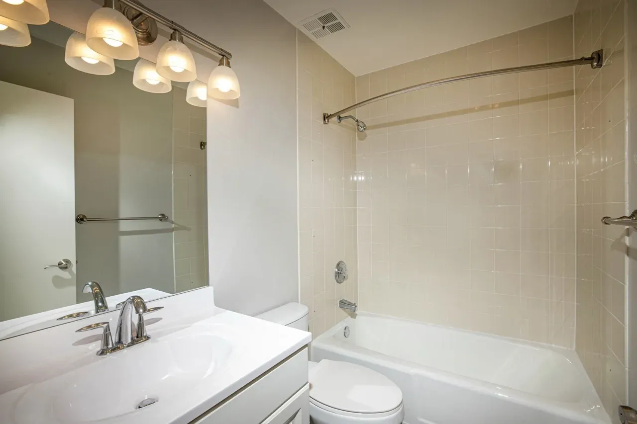 Modern bathroom with vanity, toilet, and bathtub with shower.