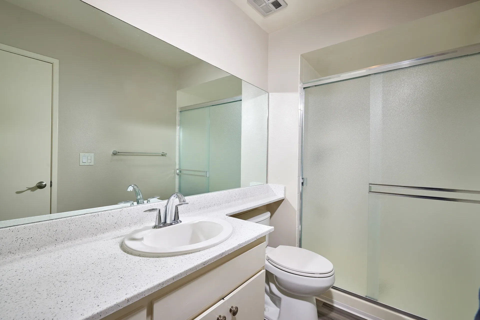Bathroom vanity with sink, large mirror, and toilet with a frosted glass shower door.