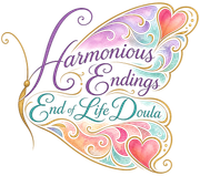 Harmonious Endings End of Life Doula logo with a colourful butterfly and hearts.