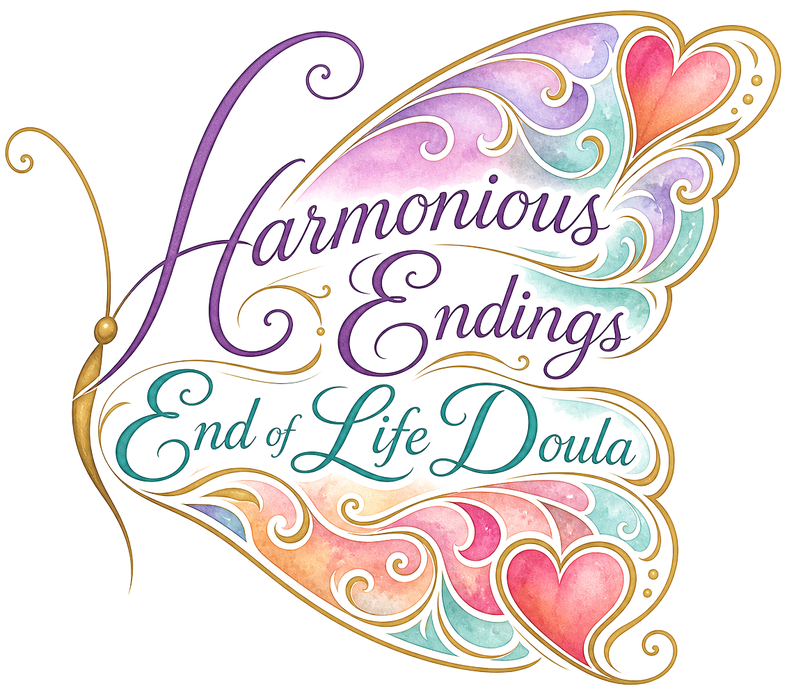 Harmonious Endings End of Life Doula logo with a colourful butterfly and hearts.