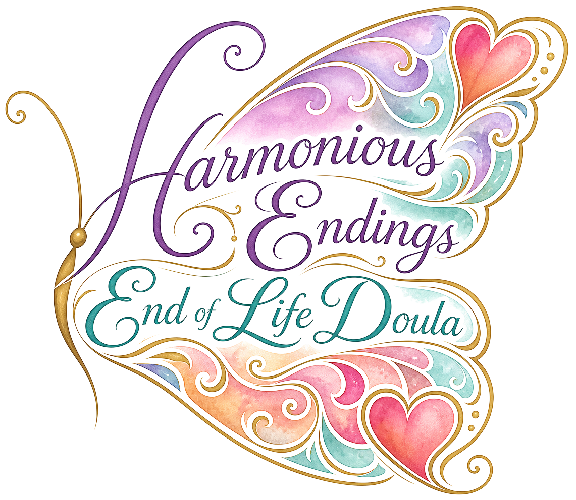 Harmonious Endings End of Life Doula logo with a colourful butterfly and hearts.