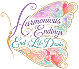 Harmonious Endings End of Life Doula logo with a colourful butterfly and hearts.