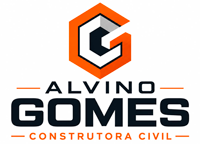 Logo de “Alvino Gomes Construtora Civil” em preto, laranja e branco